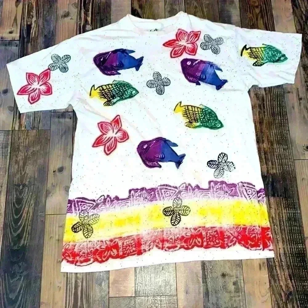 Vintage Columbia AOP Fish  all over artsy Streetwear cotton shirt size 2X